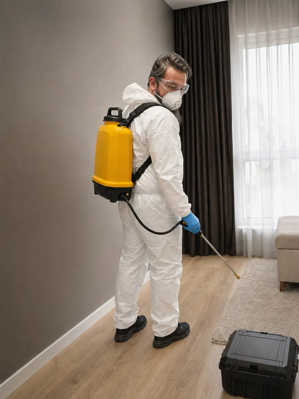 Tehnician Gândăcarul în combinezon alb de protecție, cu pulverizator galben, într-un apartament